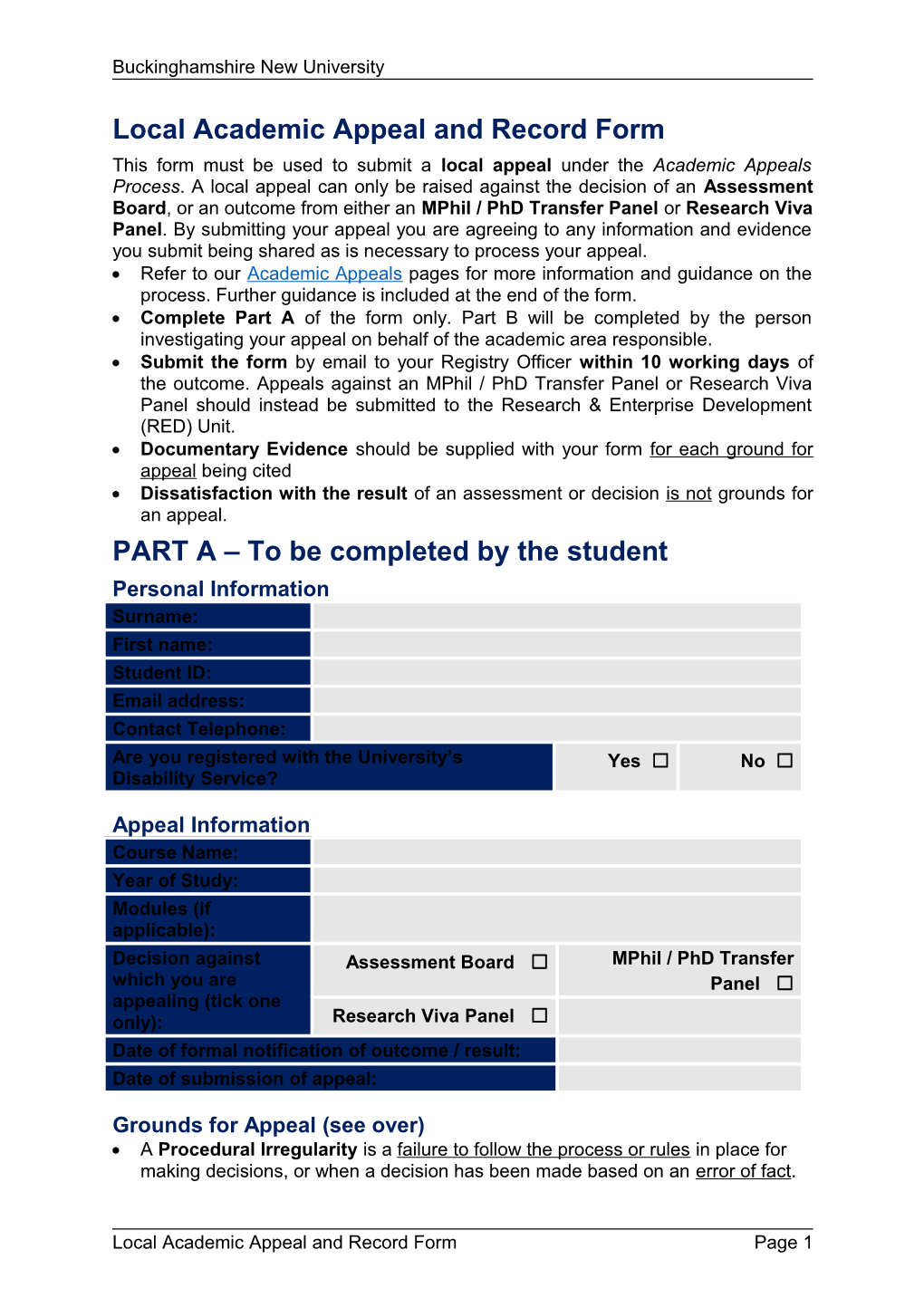 Local Academic Appealand Record Form