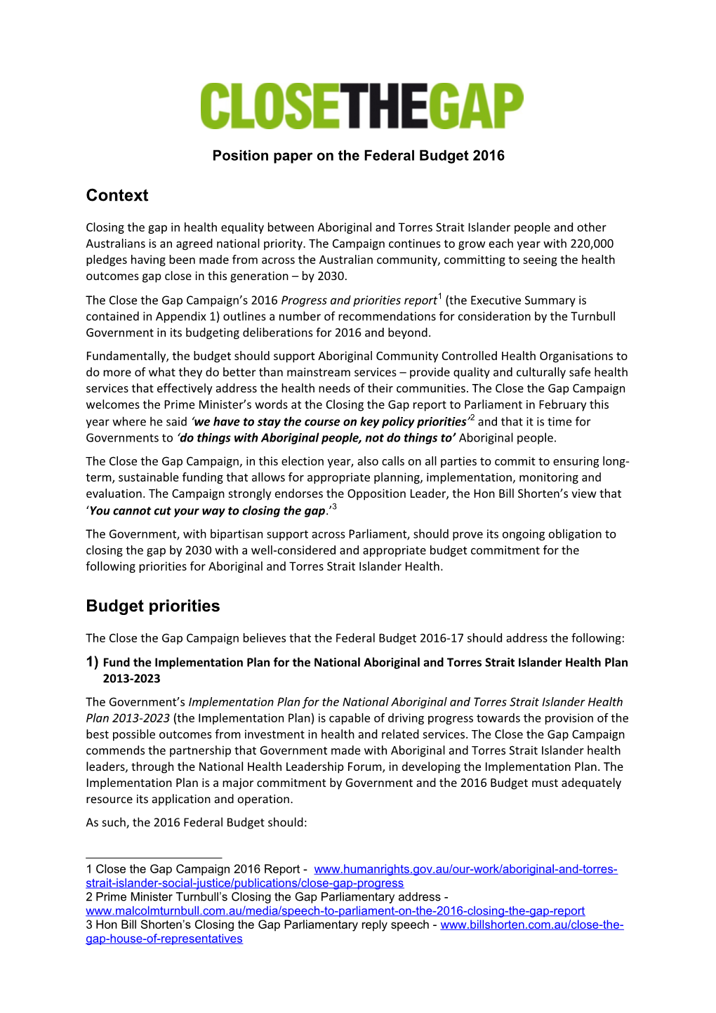 Position Paper on the Federal Budget 2016