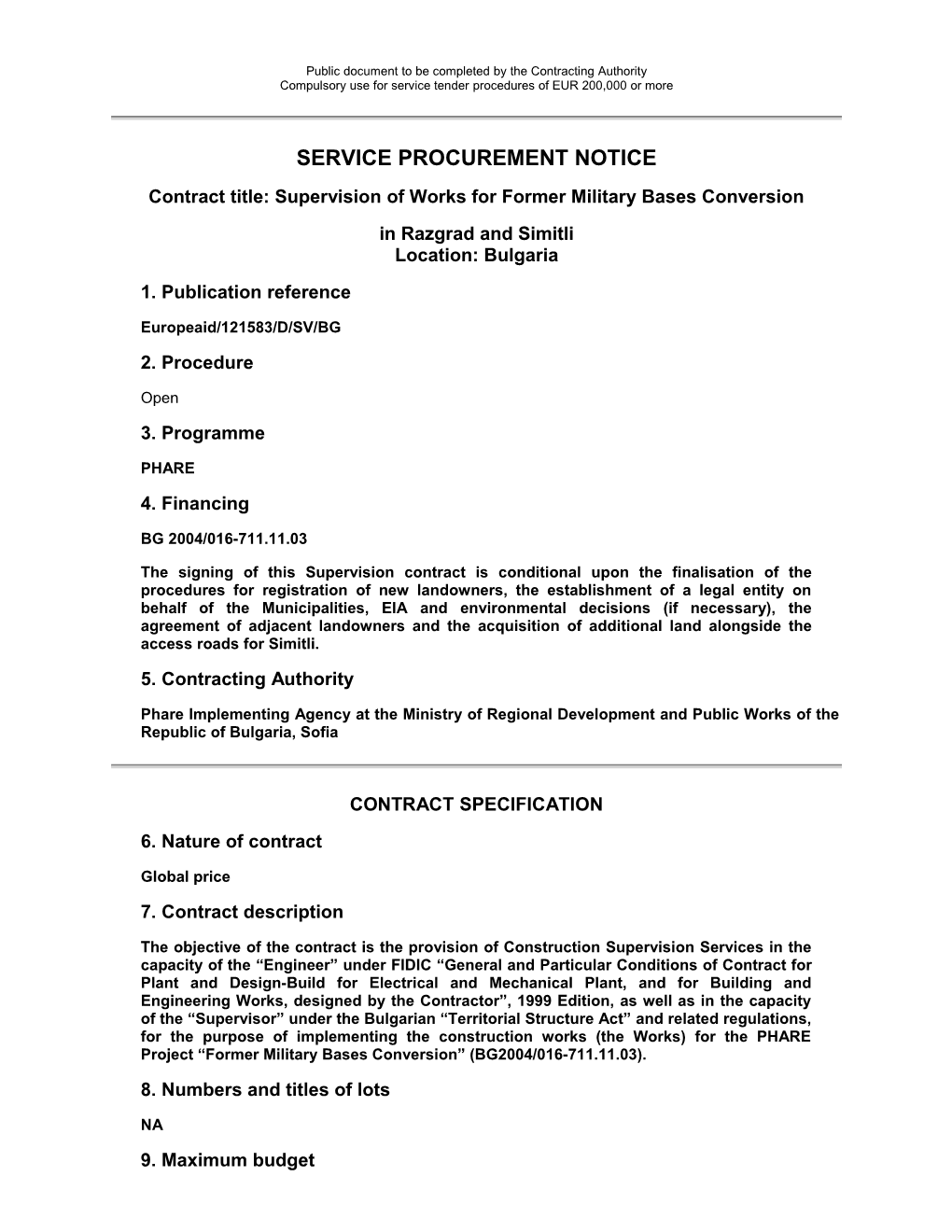 Procurement Notice for a Service Contract