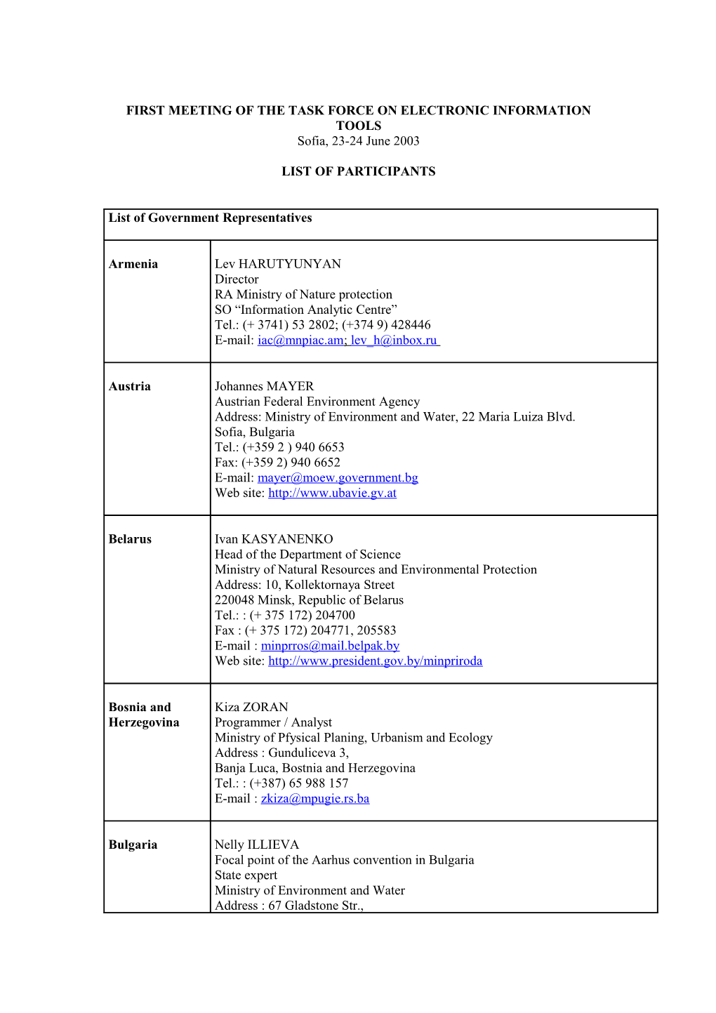 First Meeting of the Task Force on Electronic Information Tools