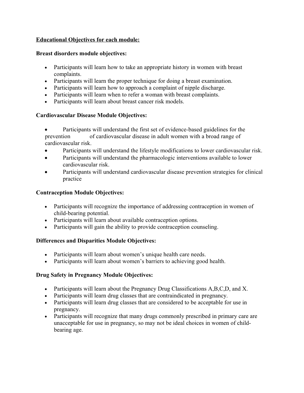 Educational Objectives for Each Module