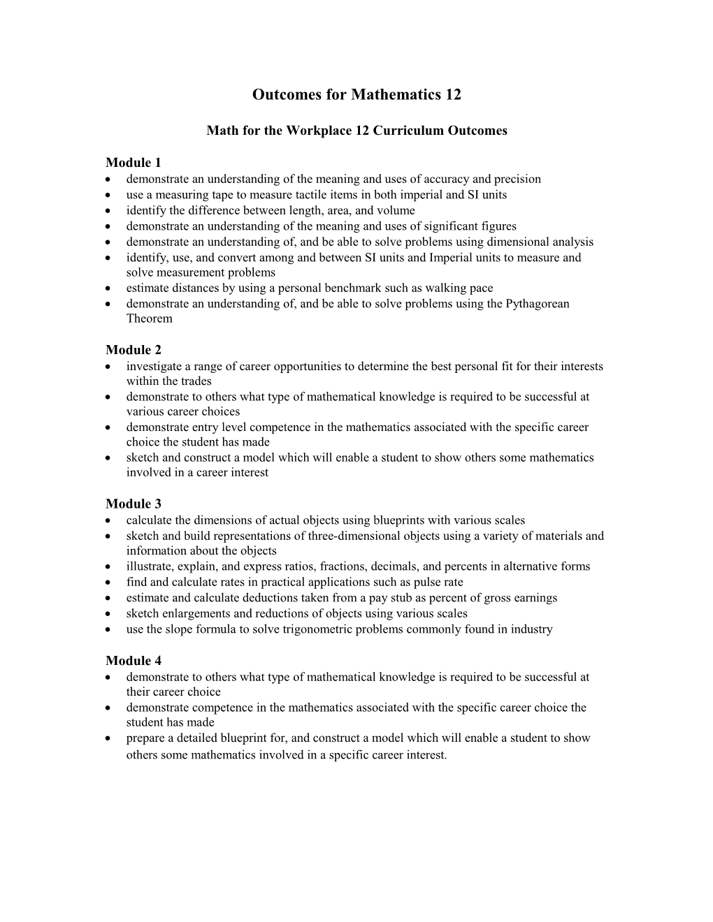 Outcomes for Mathematics 12