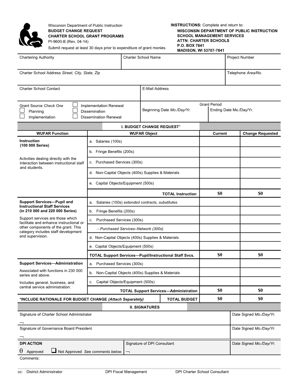 PI-9600-B Budget Change Request Charter School Grant Programs