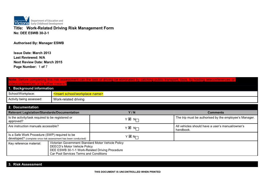 Work-Related Driving Risk Management Form