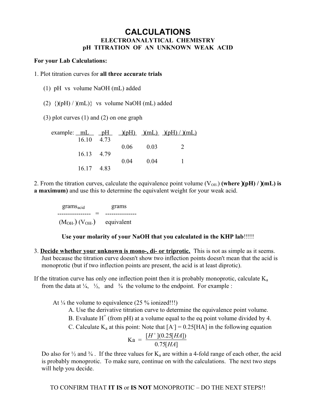 Ph TITRATION of an UNKNOWN WEAK ACID