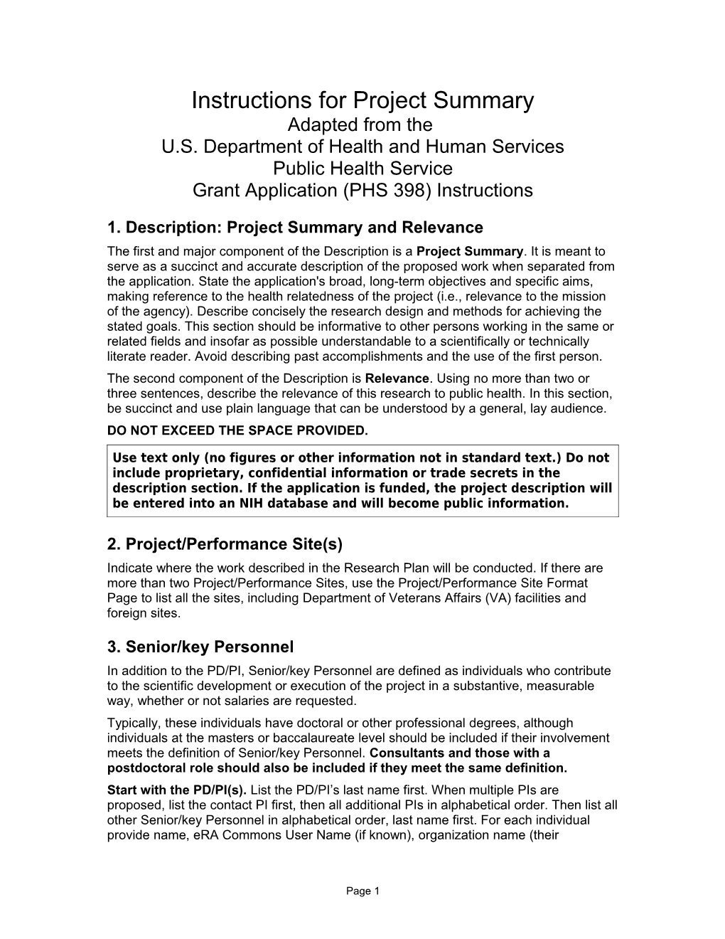 Instructions for Form Page 2: Summary, Relevance, Project/Performance Sites, Senior/Key