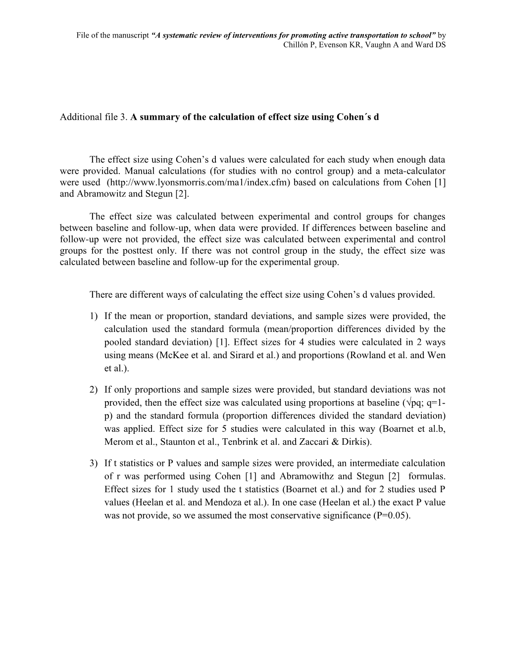 Additional File 3. a Summary of the Calculation of Effect Size Using Cohen S D