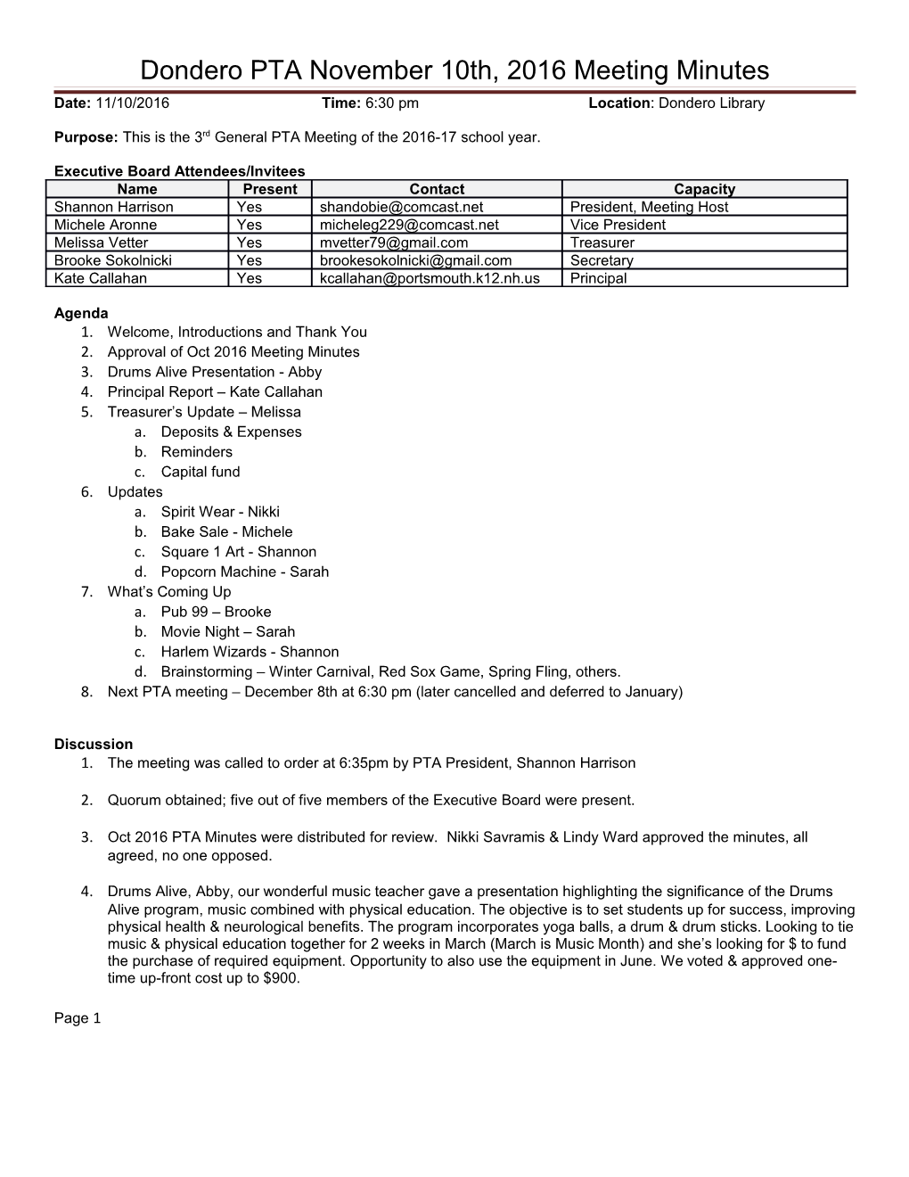 Dondero PTA November 10Th, 2016 Meeting Minutes