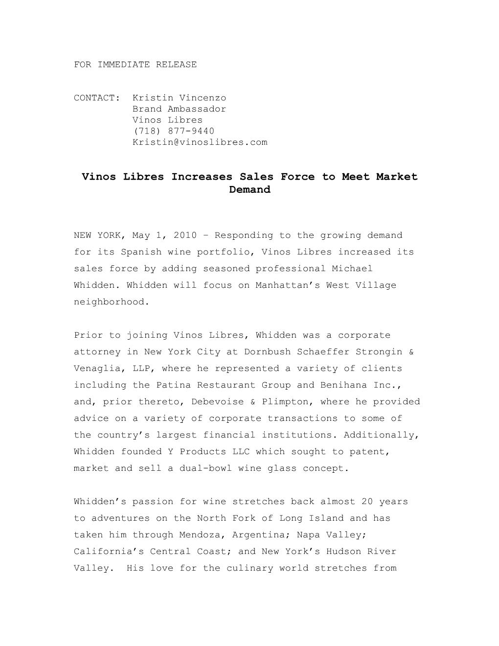 Vinos Libres Increases Sales Force to Meet Market Demand