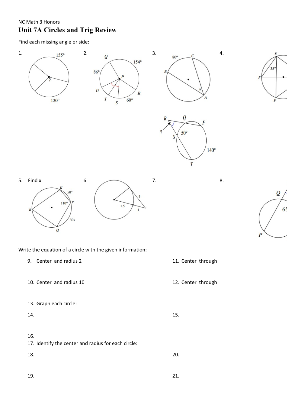 Unit 7A Circles and Trig Review