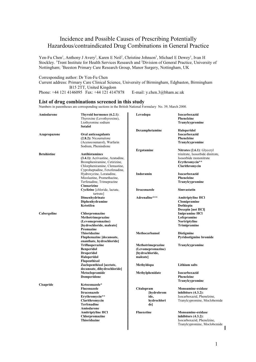 The Incidence of Prescribing Potentially Hazardous/Contraindicated Drug-Drug Combinations