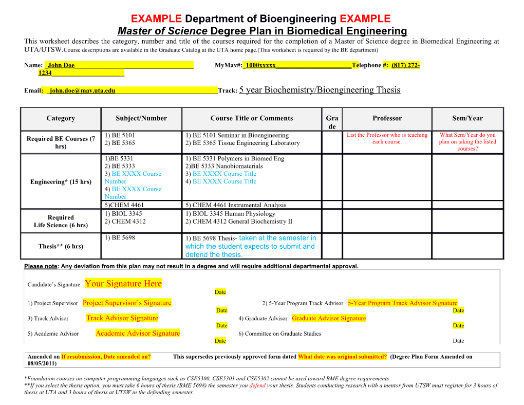 Master of Science Degree Plan in Biomedical Engineering