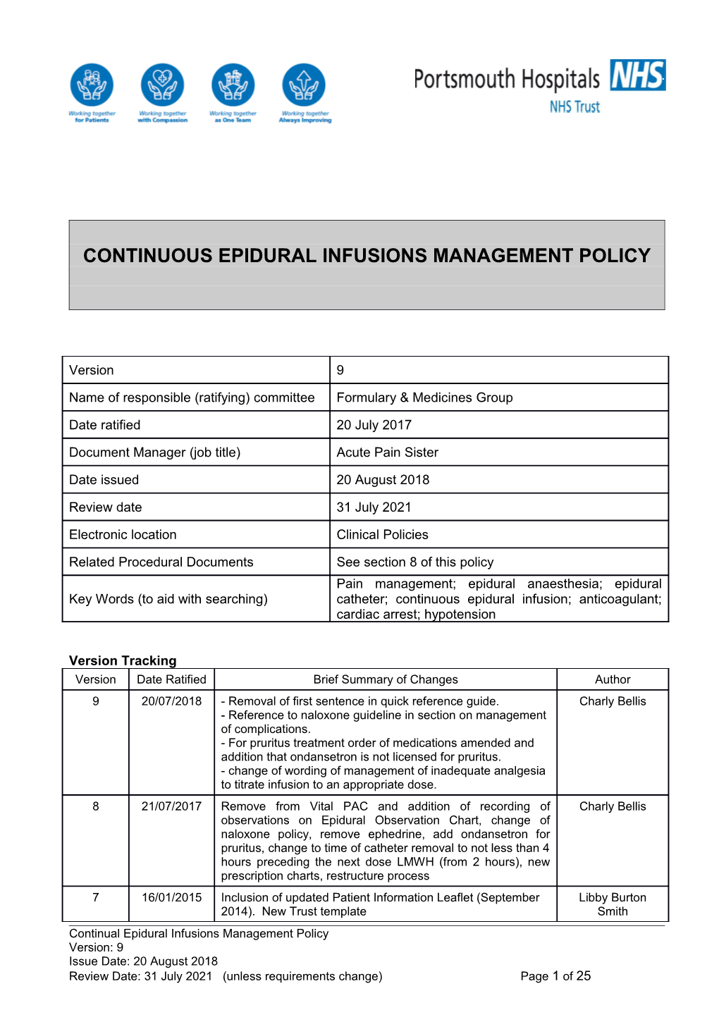 Continuous Epidural Infusions Management Policy