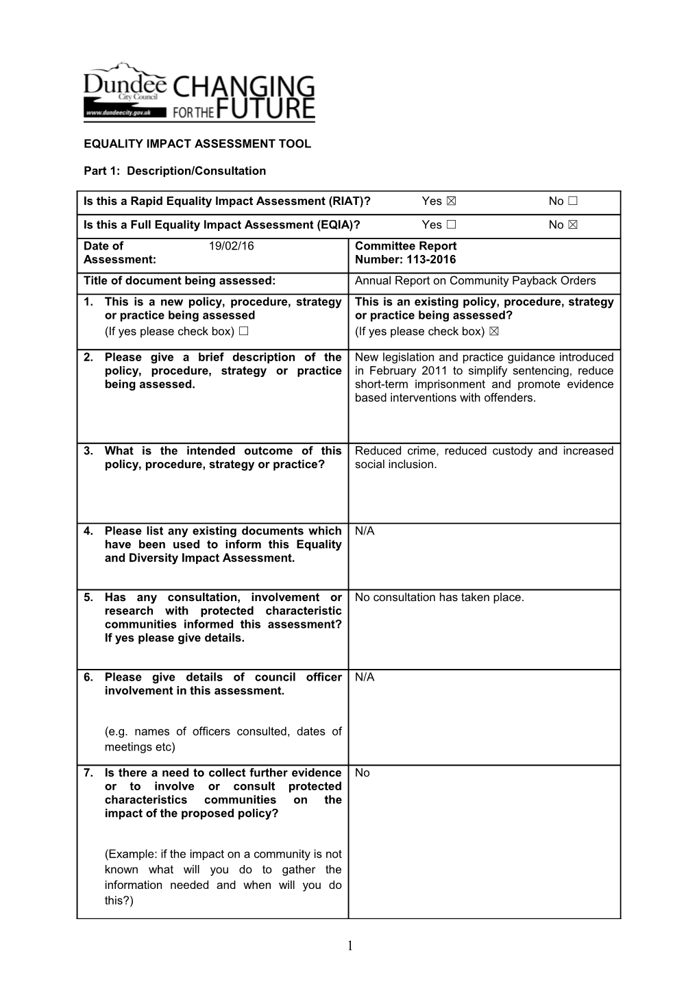 Equality Impact Assessment Tool