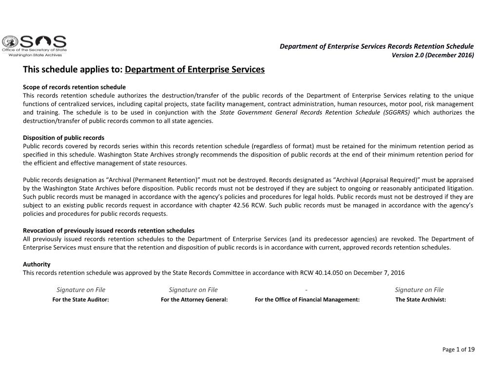 This Schedule Applies To: Department of Enterprise Services