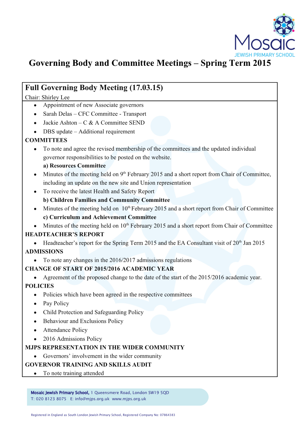 Governing Body and Committee Meetings Spring Term 2015