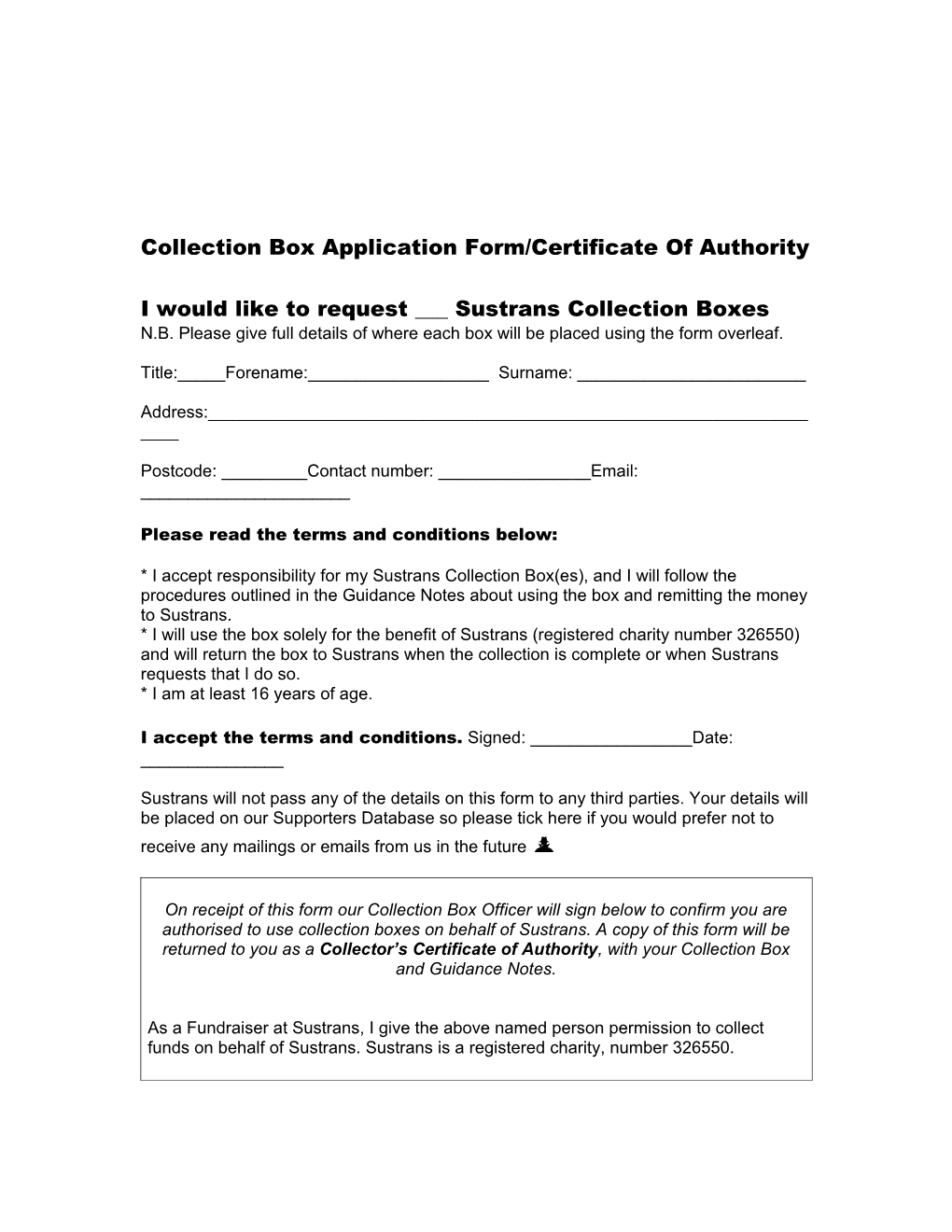 Static Collection Box Application Form/Certificate of Authority