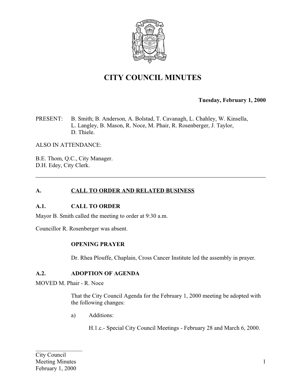 Minutes for City Council February 1, 2000 Meeting