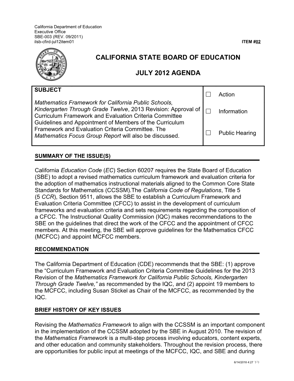 July 2012 Agenda Item 2 - Meeting Agendas (CA State Board of Education)