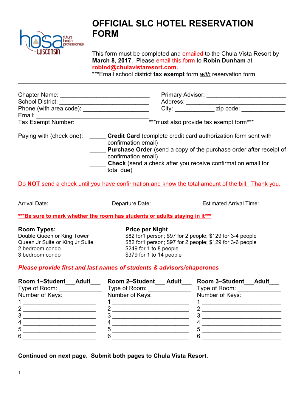 Wisconsin HOSA State Leadership Conference Lodging Reservation Form