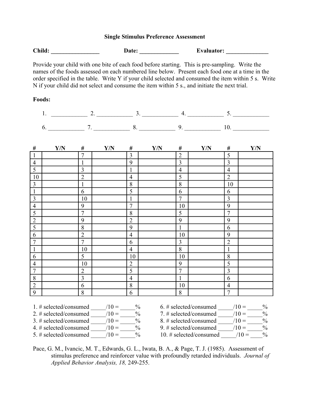 Single Stimulus Preference Assessment