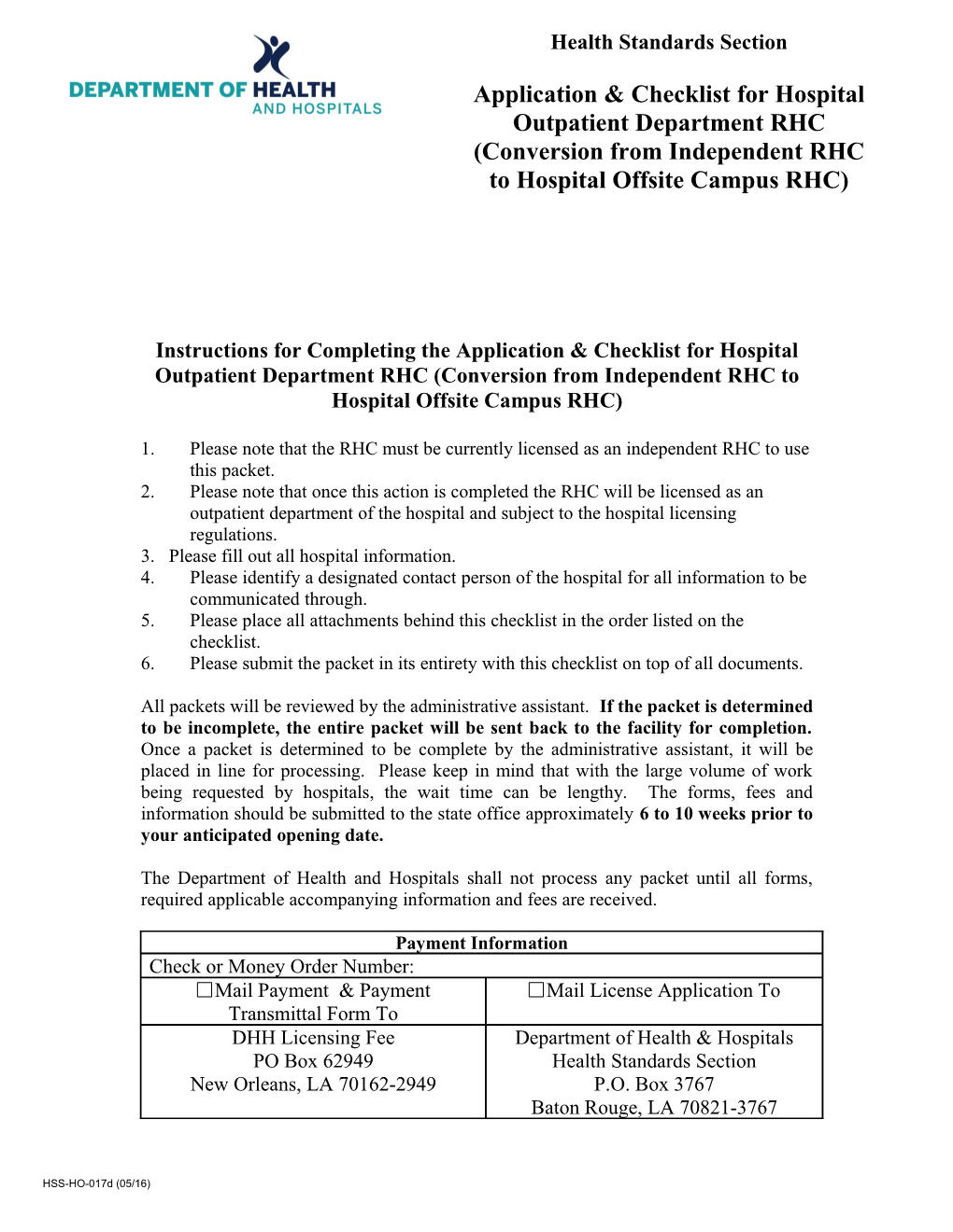 Instructions for Completing the Application & Checklist for Hospital Outpatient Department