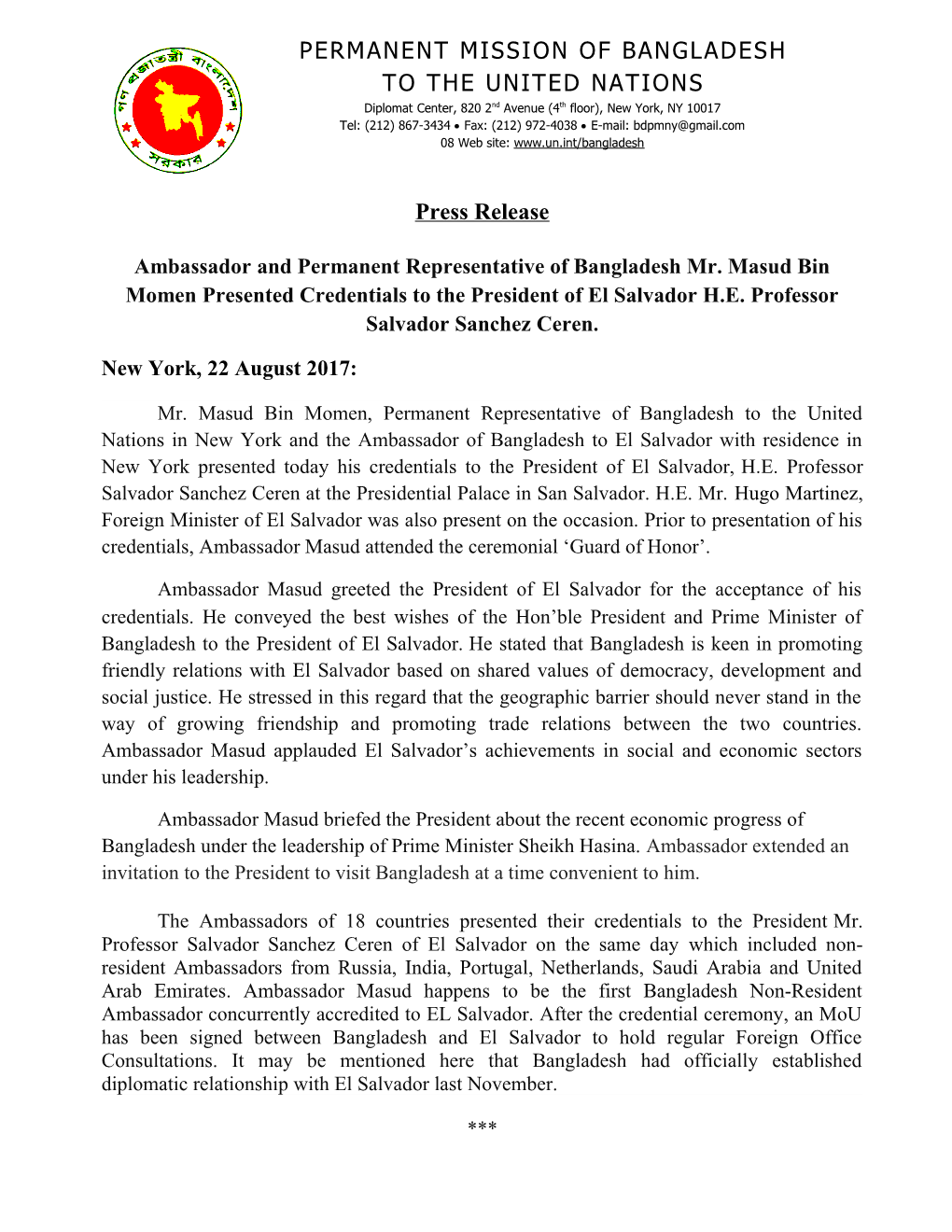Ambassador and Permanent Representative of Bangladesh Mr. Masud Bin Momen Presented Credentials