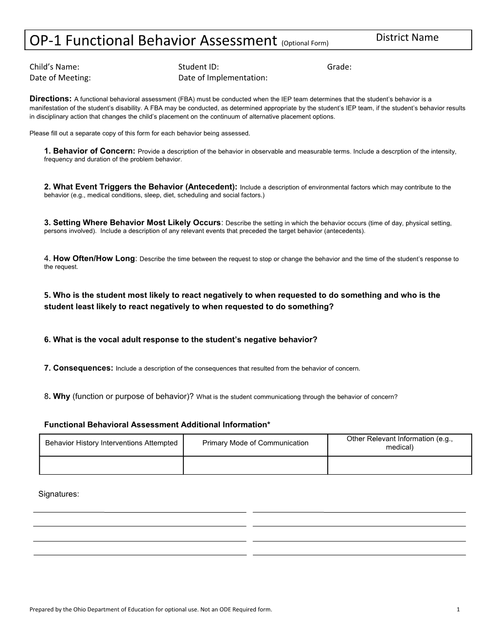 Please Fill out a Separate Copy of This Form for Each Behavior Being Assessed