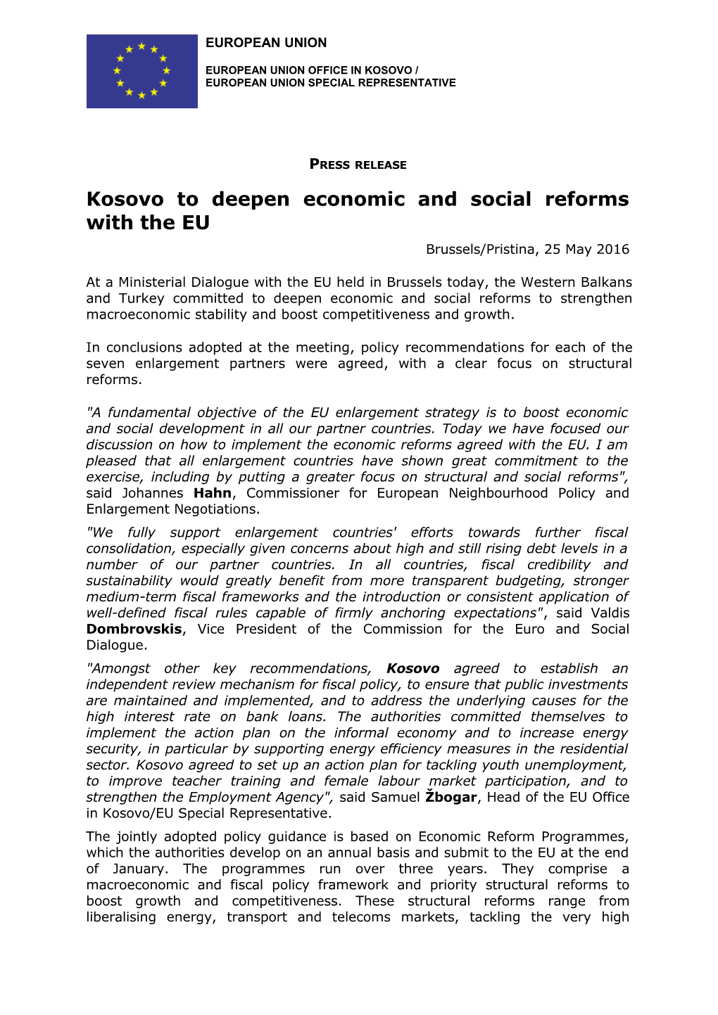 Kosovo to Deepen Economic and Social Reforms with the EU