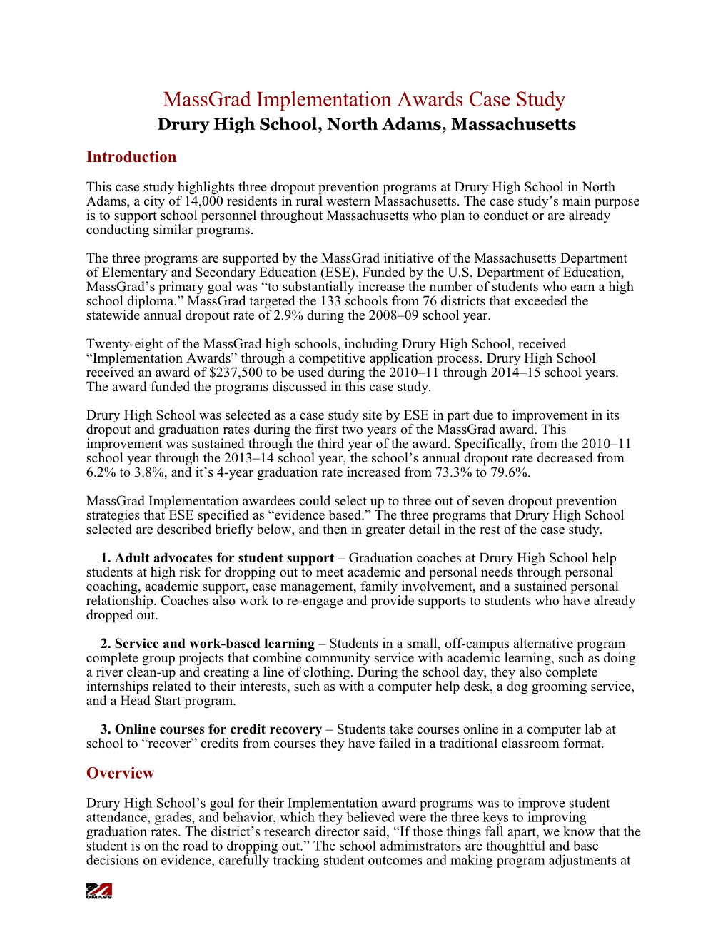 Massgrad Implementation Awards Case Study, North Adams