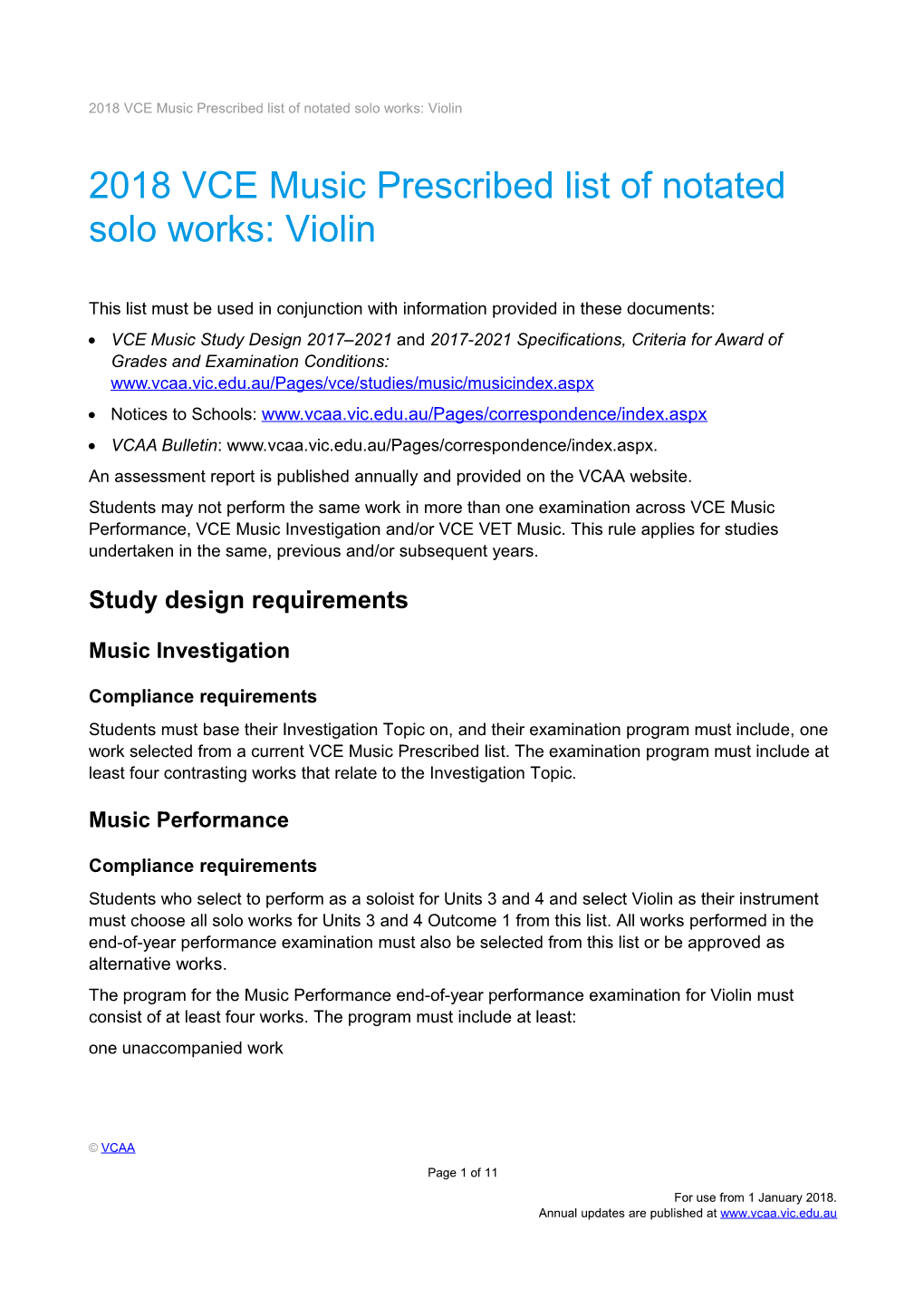 2018 VCE Music Prescribed List of Notated Solo Works: Violin