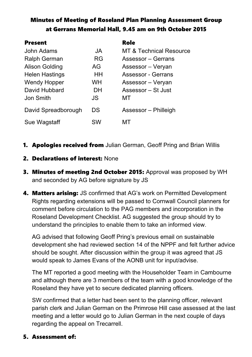 Minutes of Meeting of Roseland Plan Planning Assessment Group