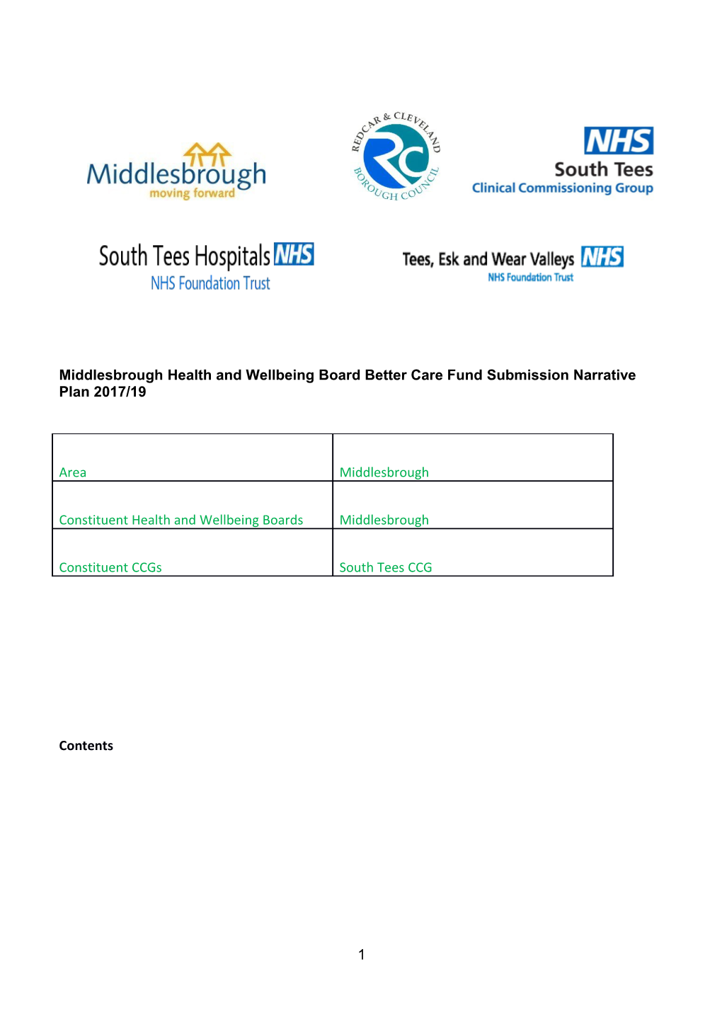 Middlesbroughhealth and Wellbeing Board Better Care Fund Submission Narrative Plan 2017/19