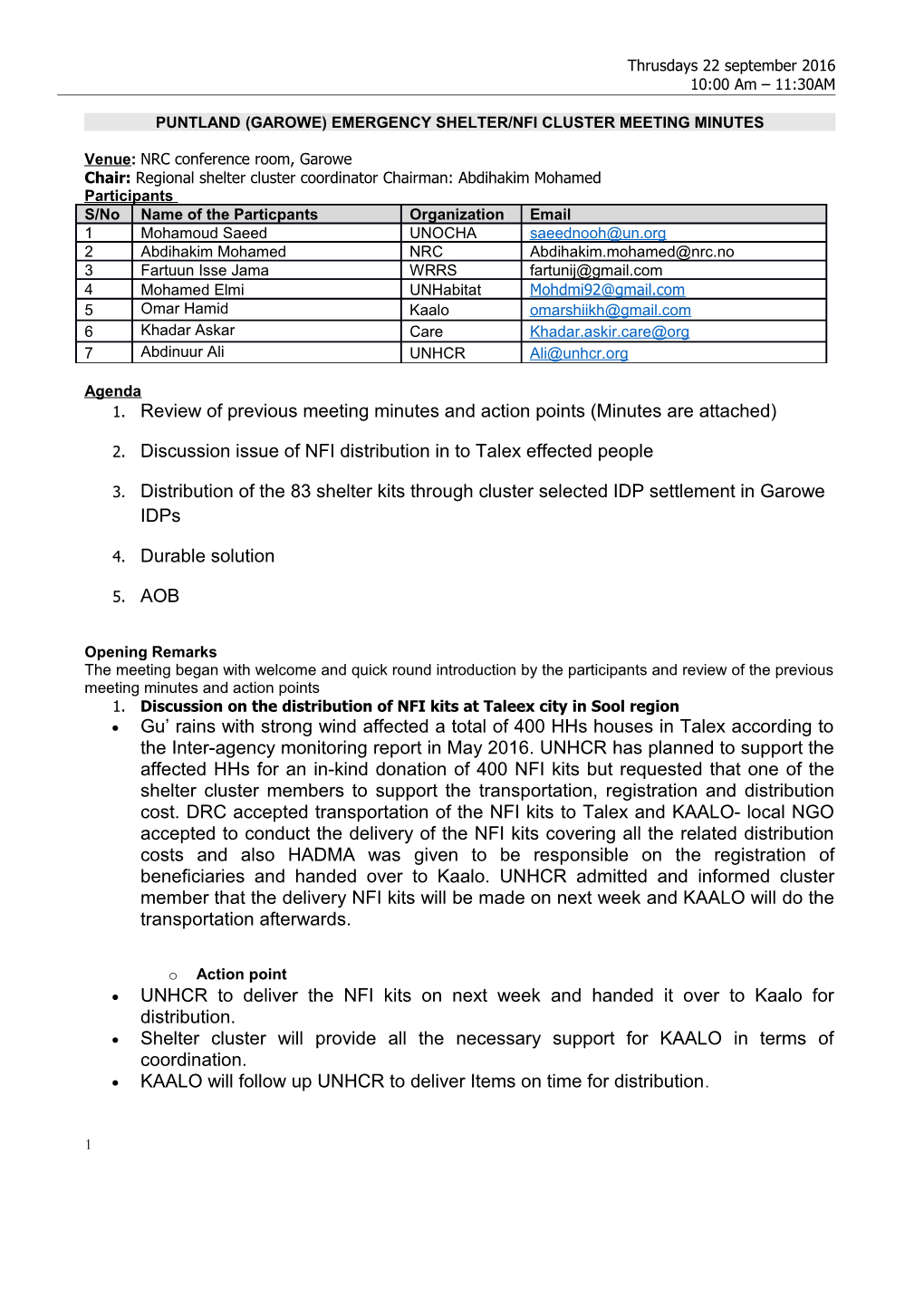 Puntland (Garowe)Emergency Shelter/Nfi Cluster Meeting Minutes