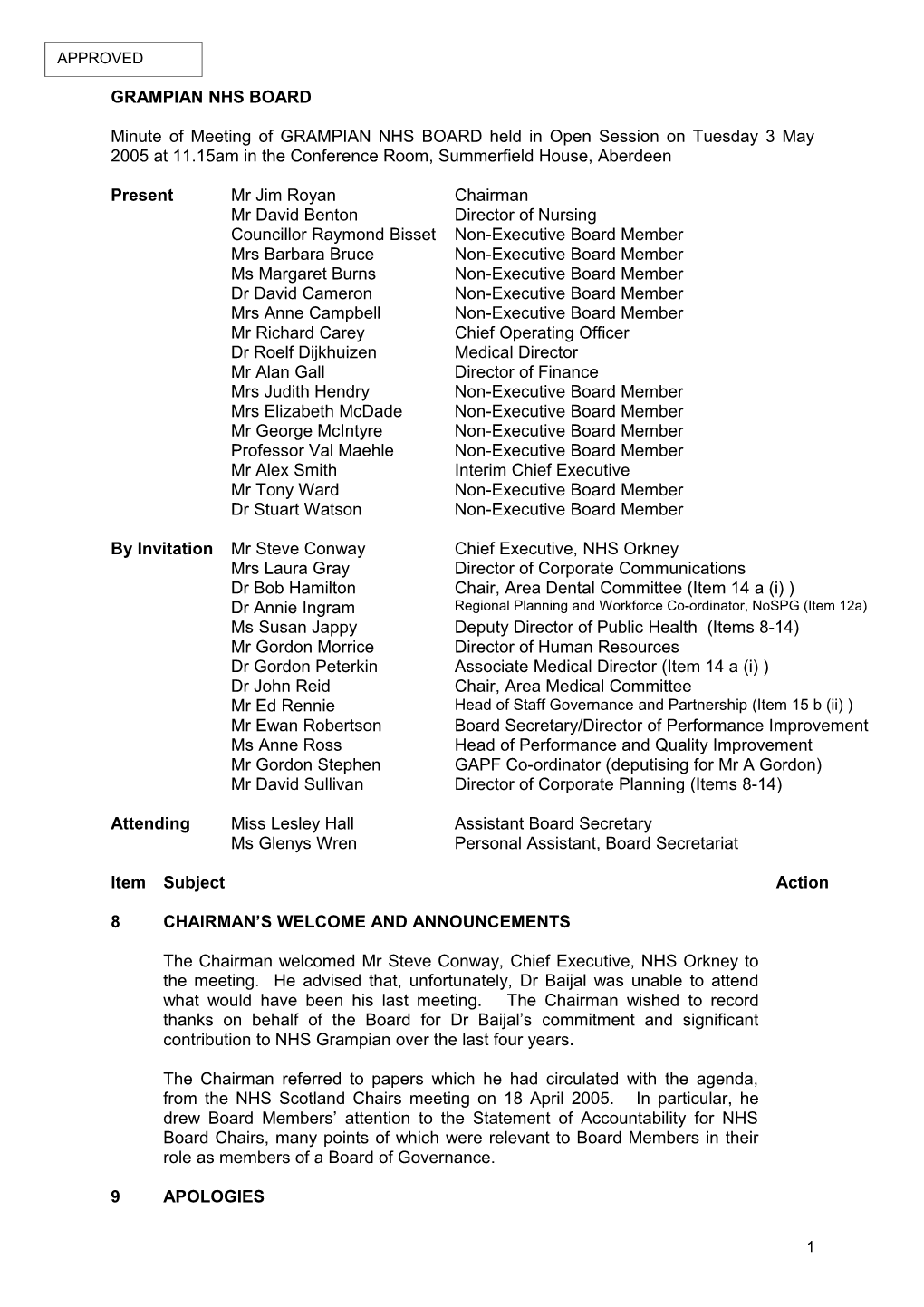 Minute of Meeting of Grampian Nhs Board Held on 1 March 2005