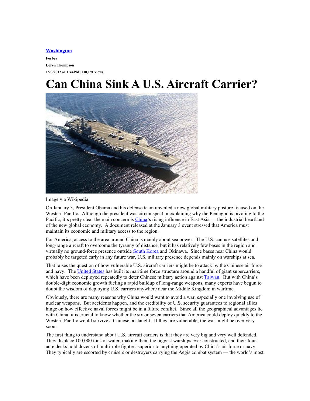 Can China Sink a U.S. Aircraft Carrier?