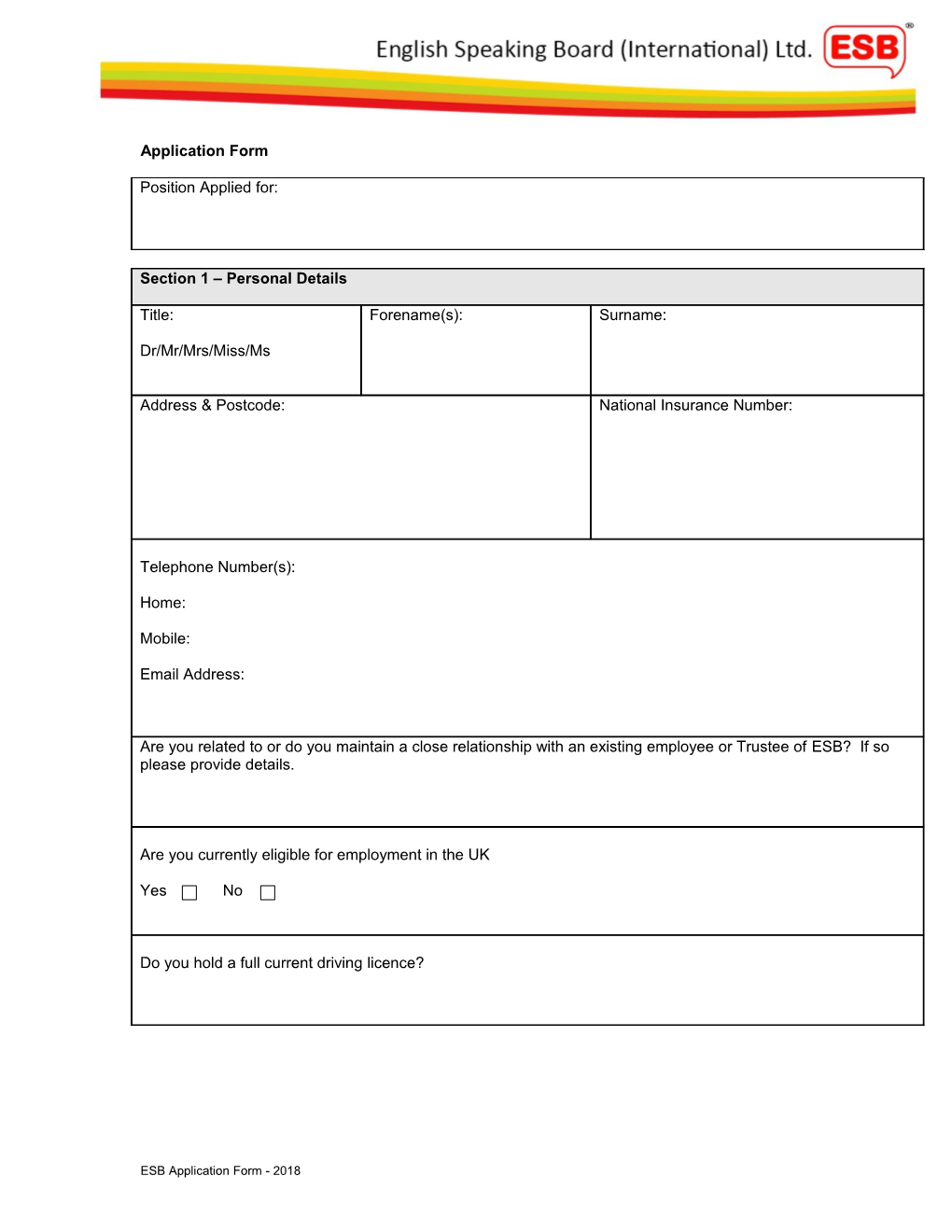 ESB Job Application Form