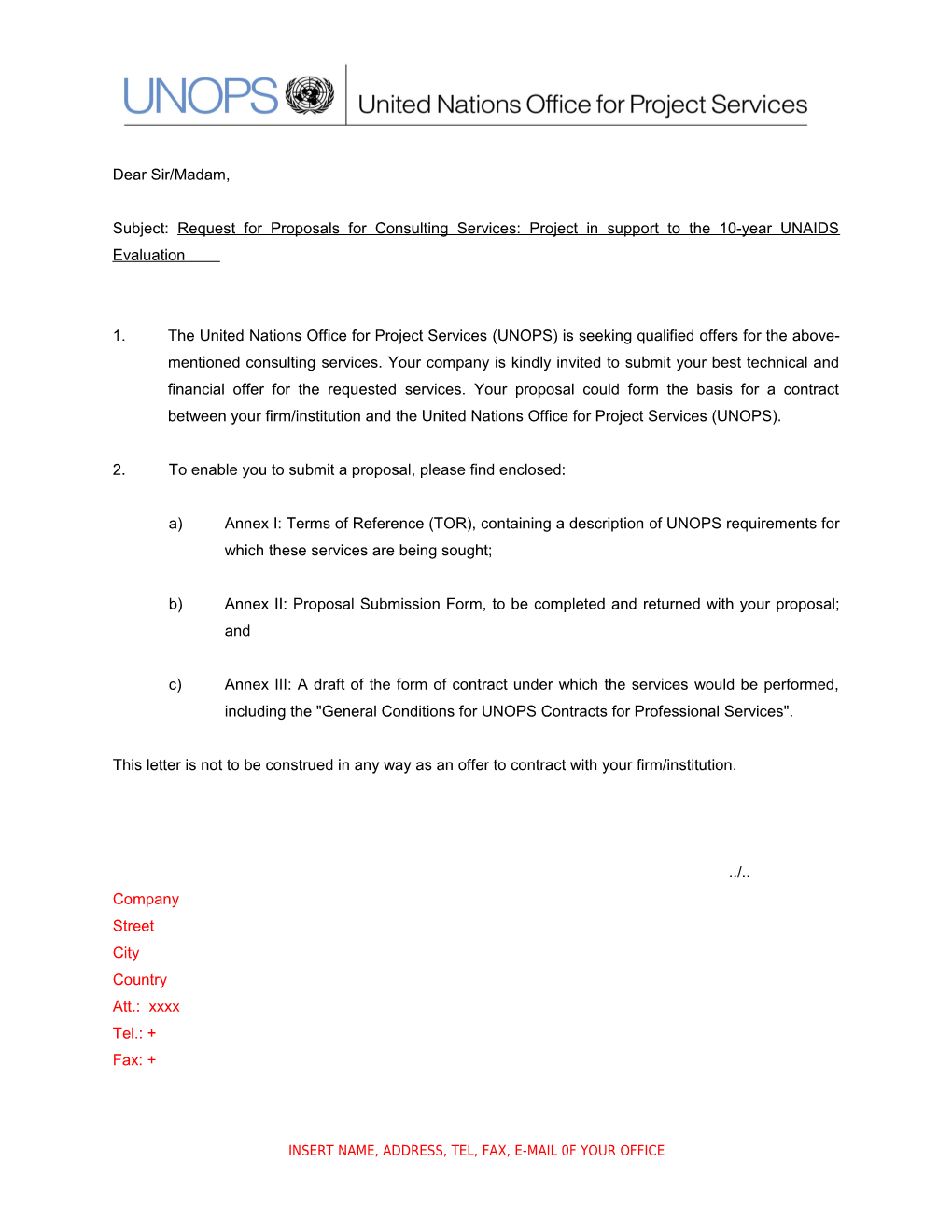 Request for Proposals for Consulting Services: Project in Support to the 10-Year UNAIDS