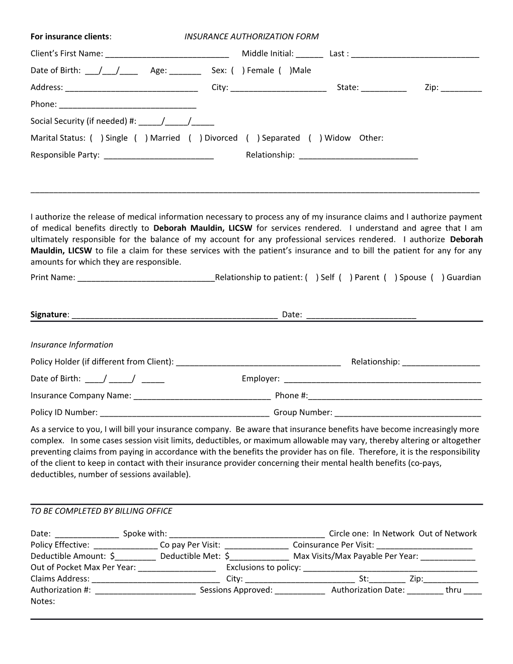 For Insurance Clients : INSURANCE AUTHORIZATION FORM