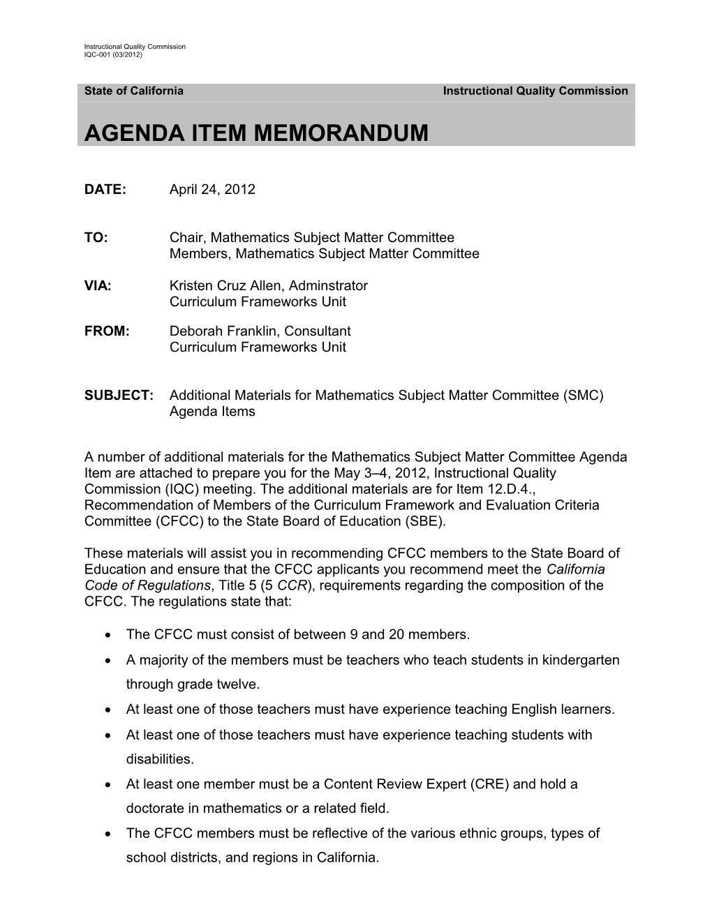 Agenda Memorandum April 24, 2012 - Instructional Quality Commission (CA Dept of Education)