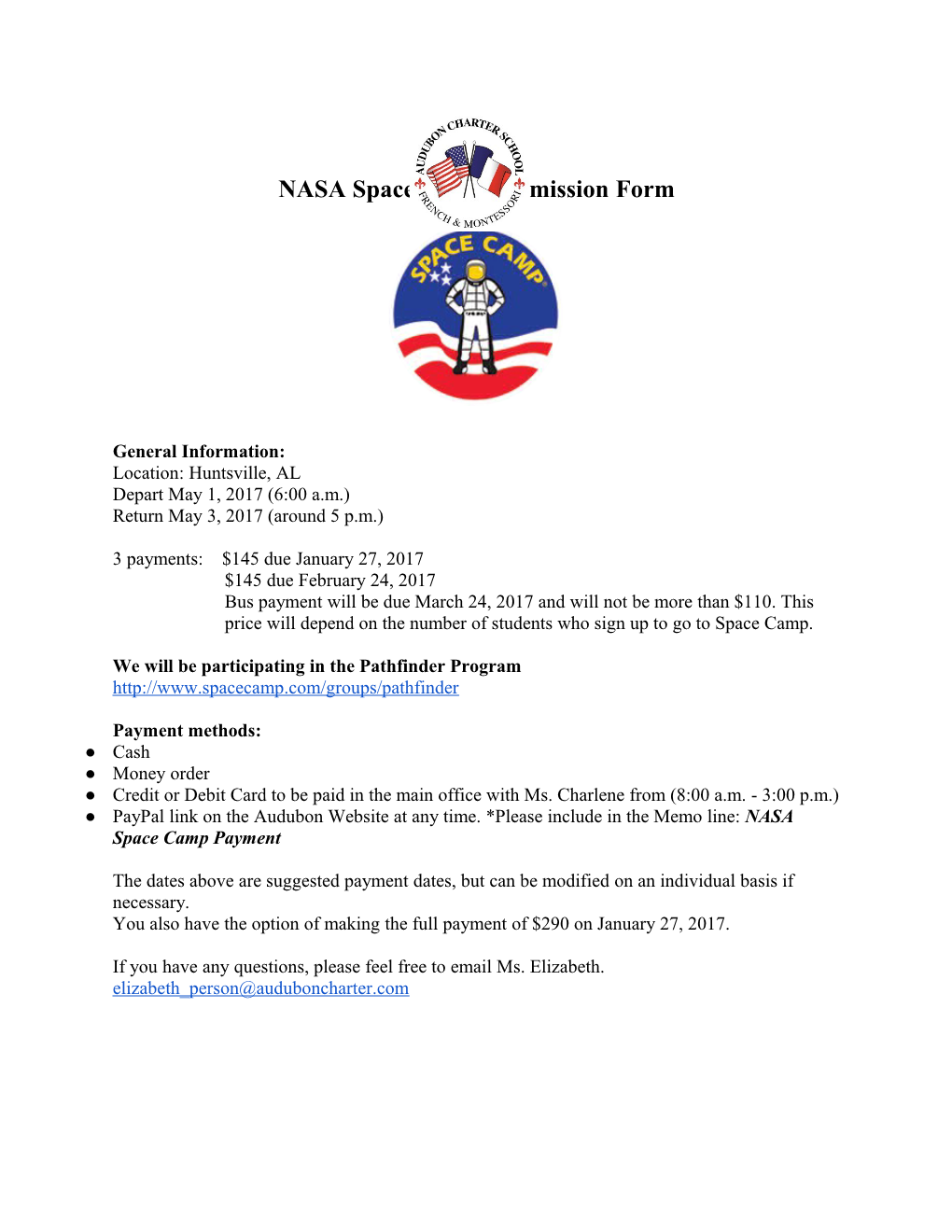 NASA Space Camp Permission Form