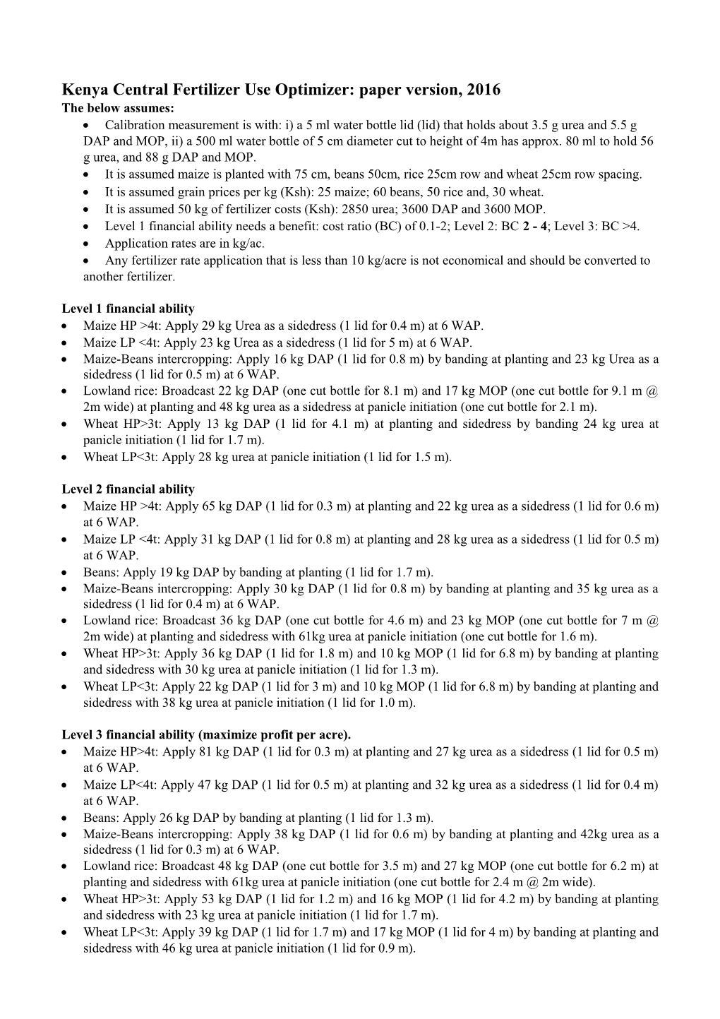 Kenya Central Fertilizer Use Optimizer: Paper Version, 2016