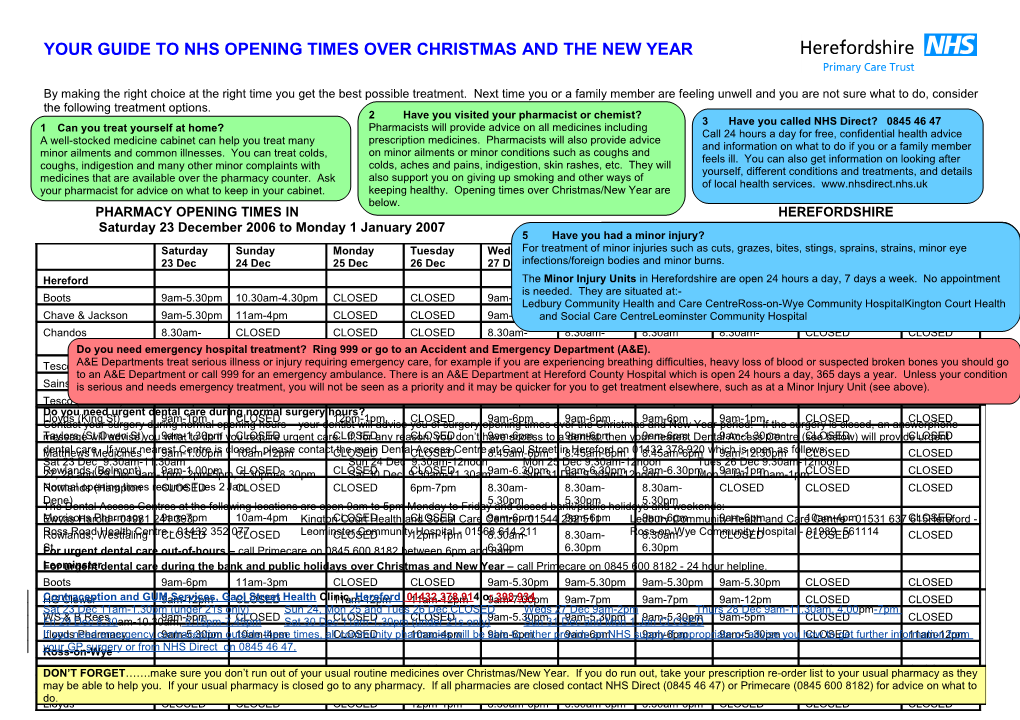 Your Guide to NHS Opening Times OVER CHRISTMAS and the NEW YEAR