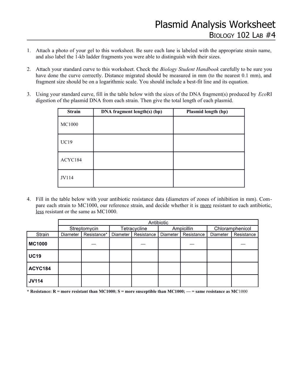 Plasmid Analysis Worksheet