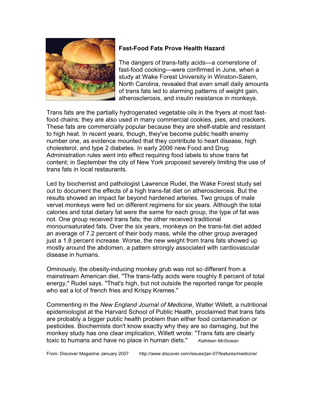 Fast-Food Fats Prove Health Hazard