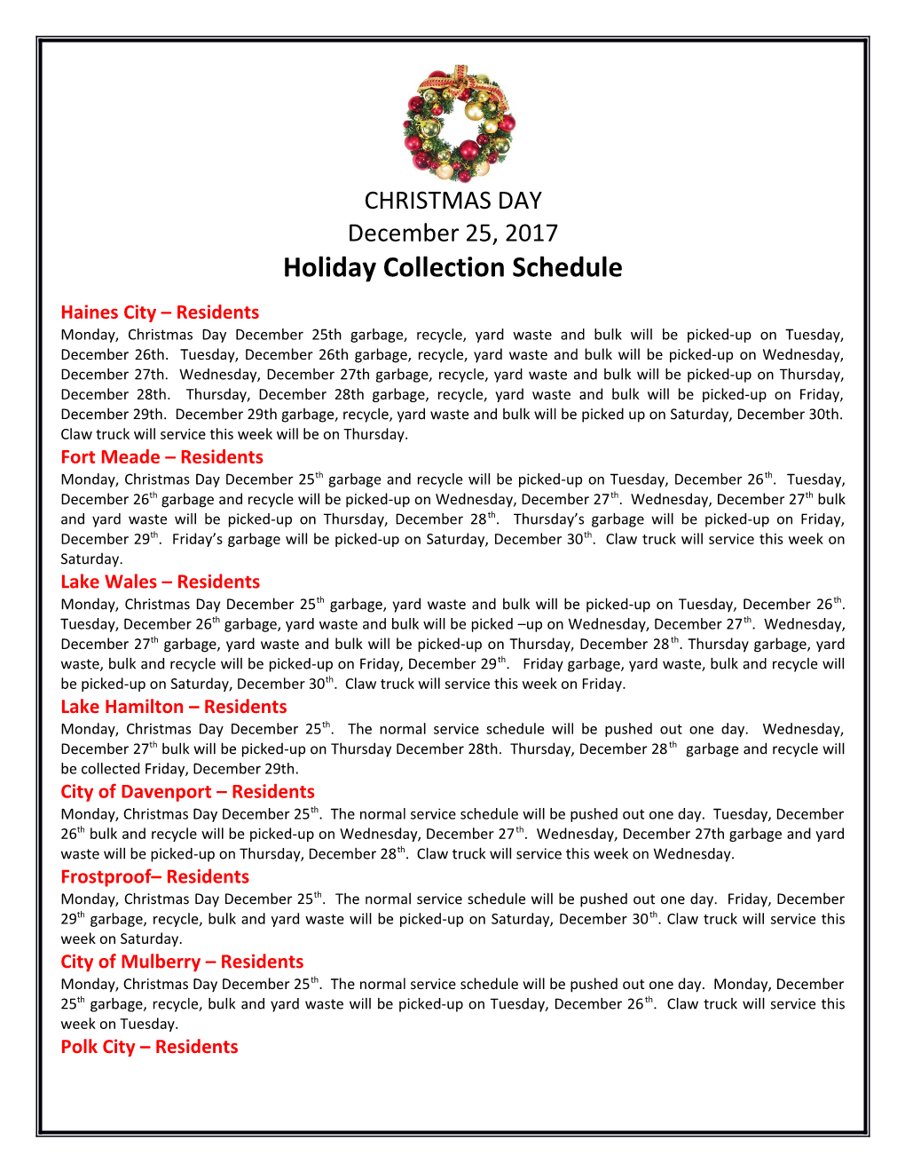 Holiday Collection Schedule s2