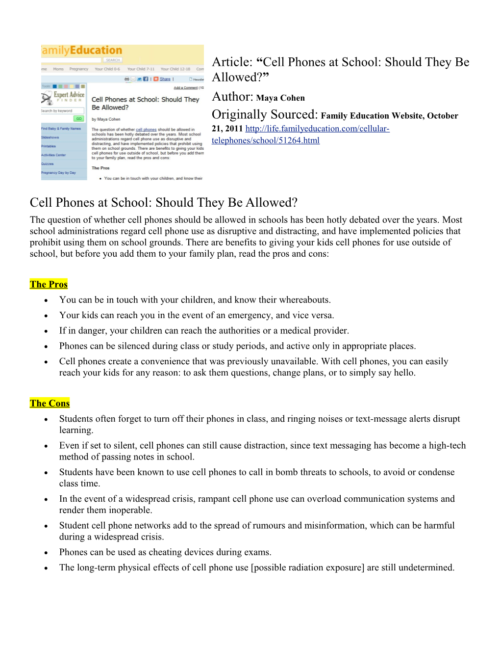 Article: Cell Phones at School: Should They Be Allowed?