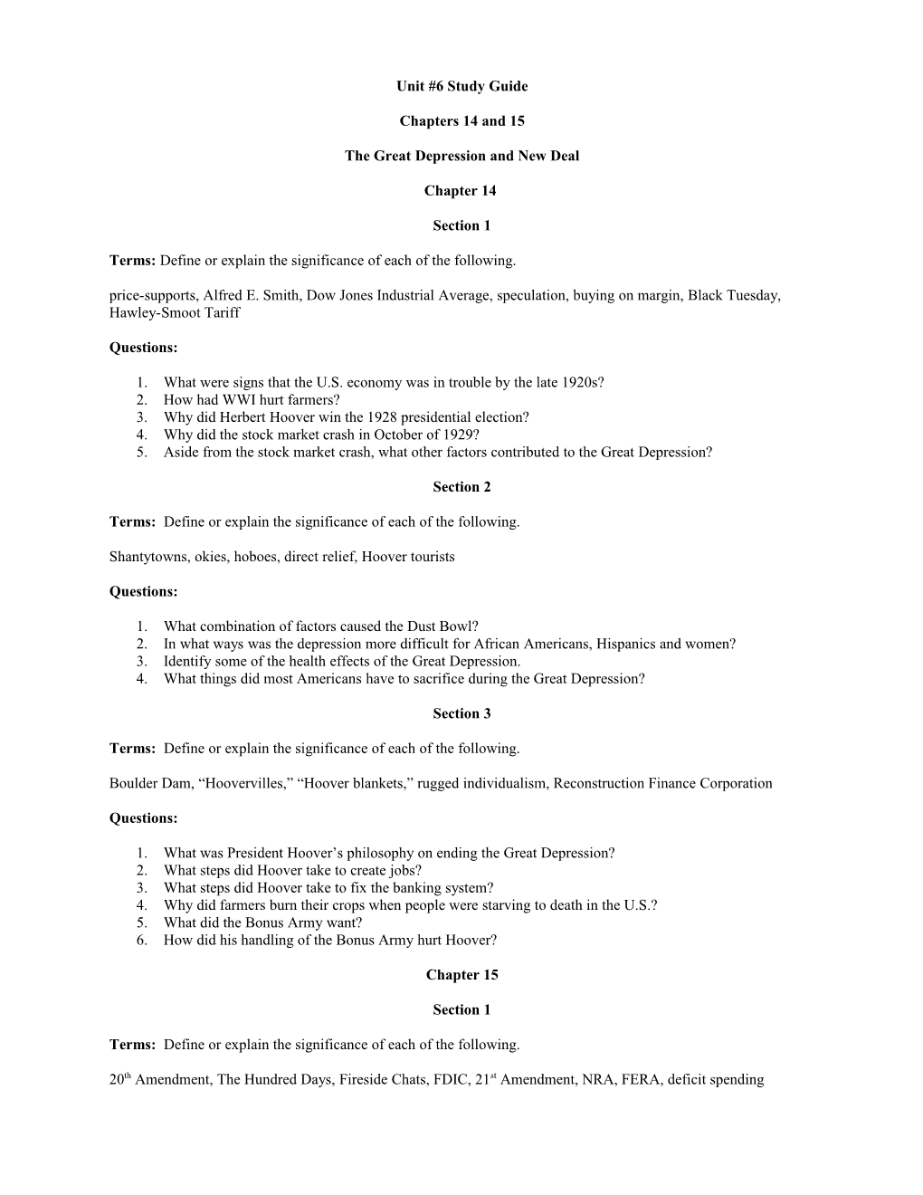 Unit #6 Study Guide