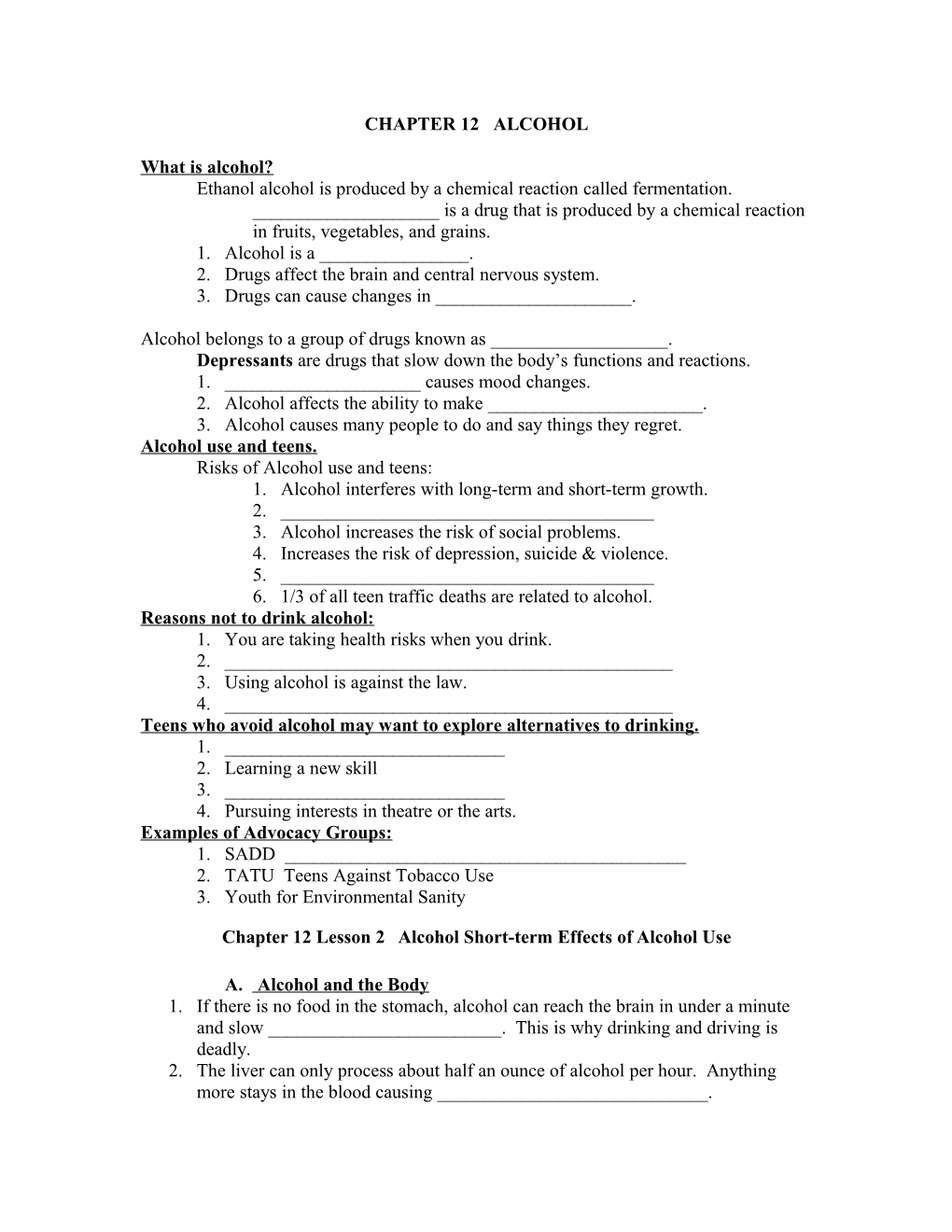 Chapter 12 Lesson 2 Alcohol