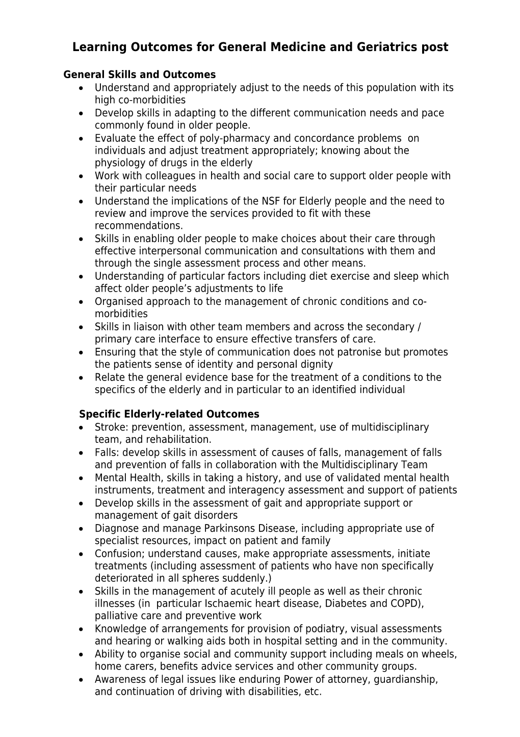 Learning Outcomes for General Medicine and Geriatrics Post